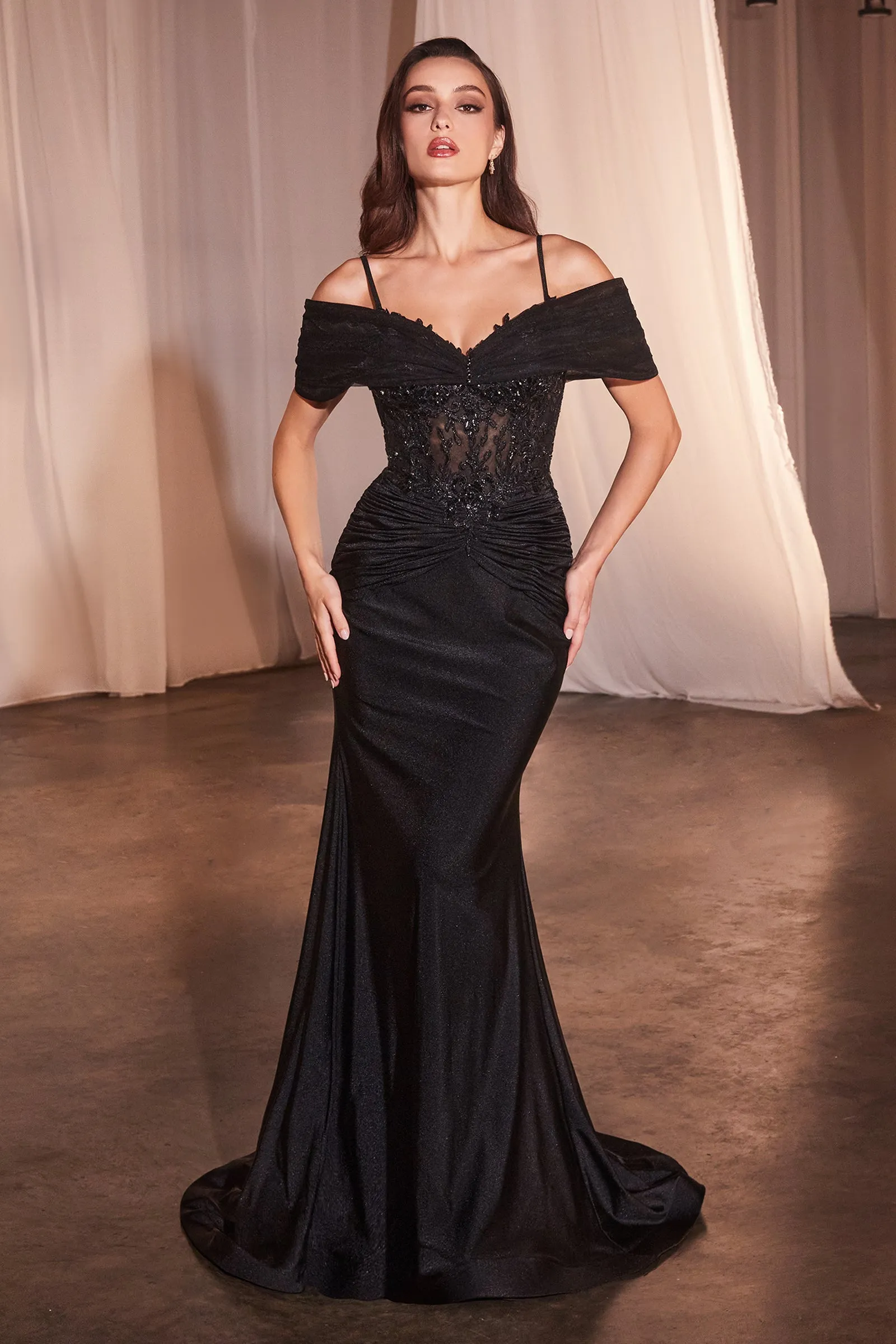 CINDERELLA DIVINE CD798 Fitted Satin & Lace Gown With Off The Shoulder Accessory sold by The Gown Galleria