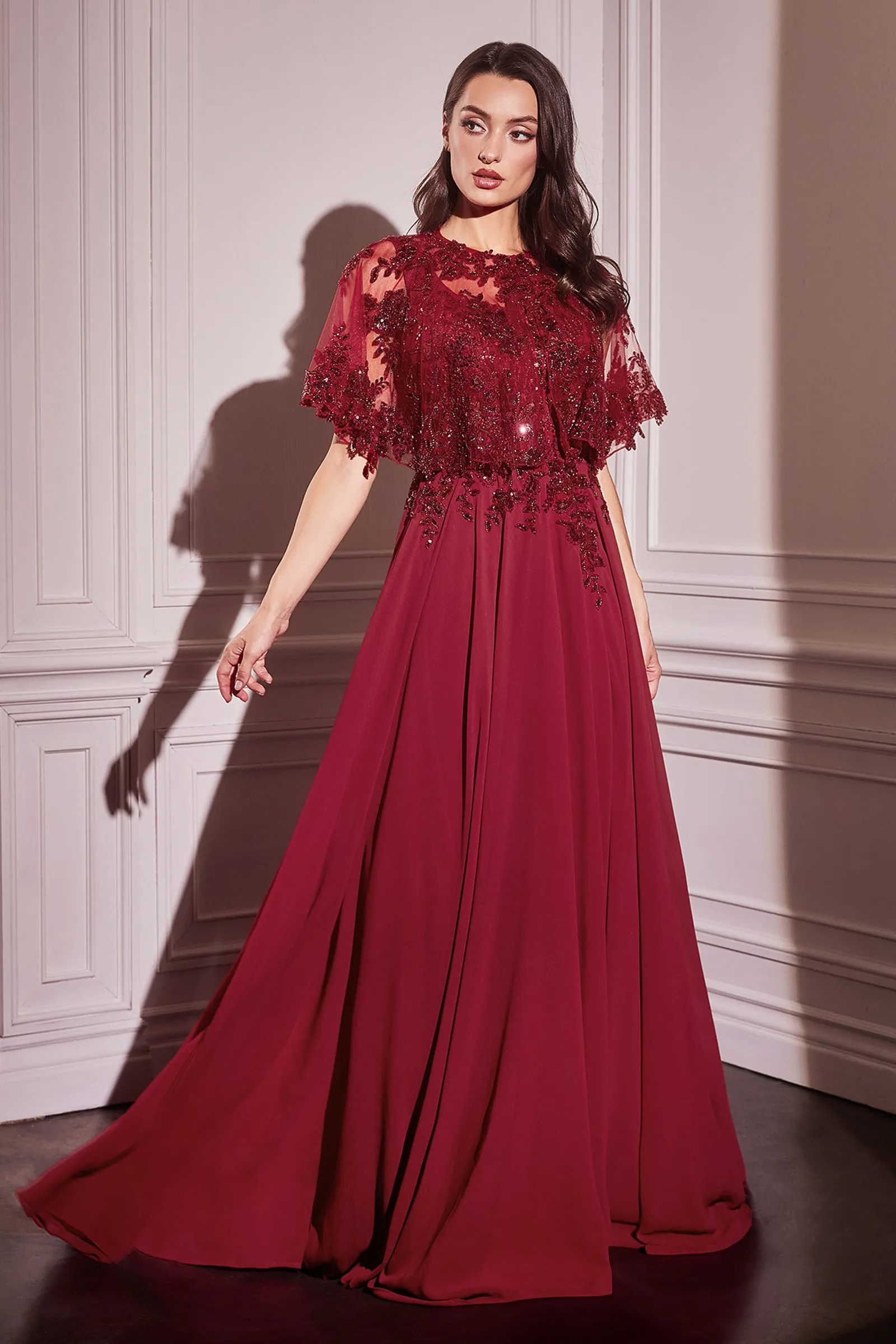 CINDERELLA DIVINE CDS503 Chiffon A-Line Beaded Lace Bodice Dress With Removable Cape sold by The Gown Galleria