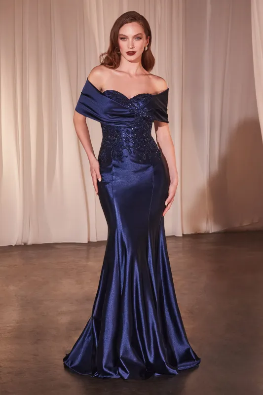 CINDERELLA DIVINE CDS507 Off The Shoulder Satin & Lace Gown sold by The Gown Galleria