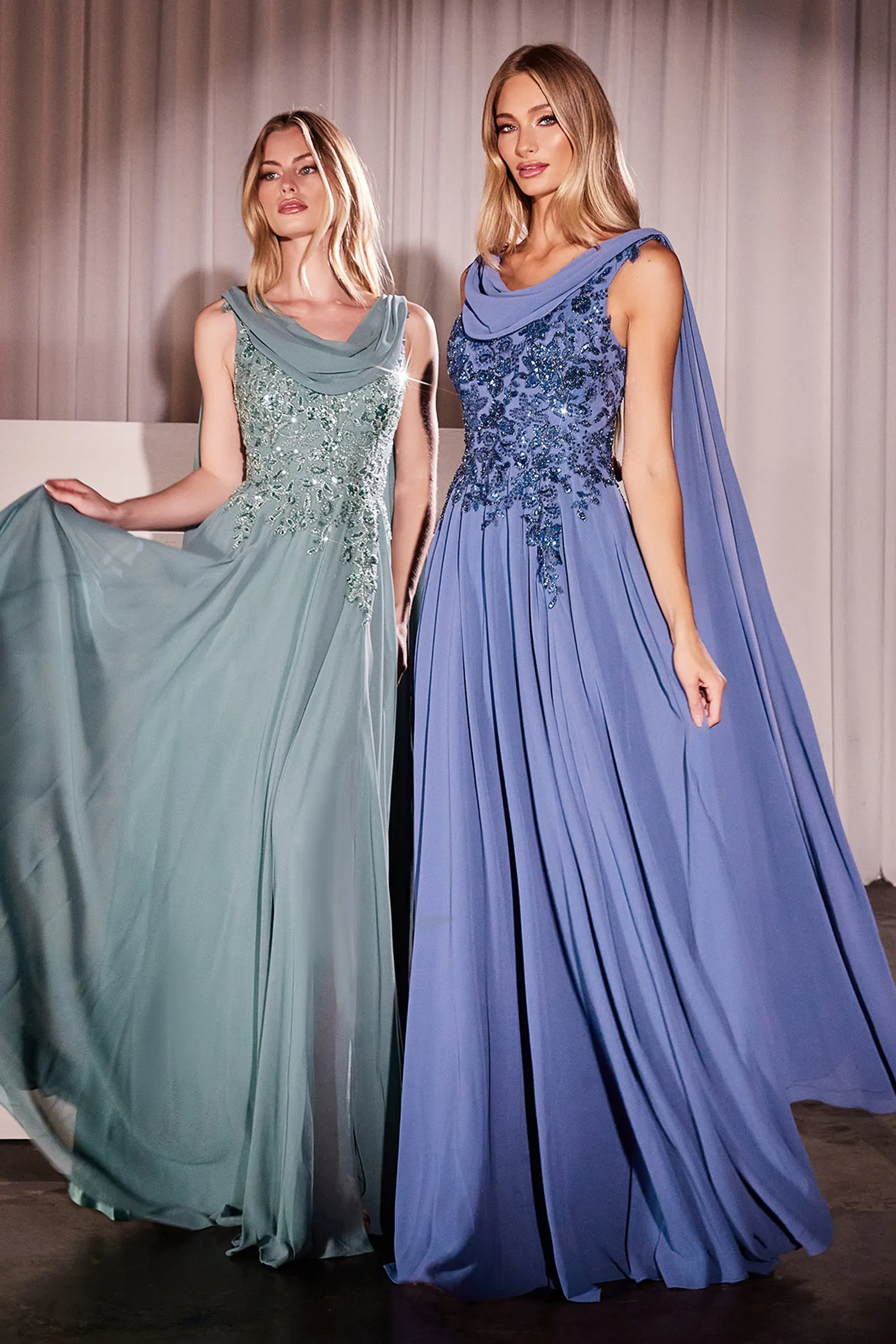 CINDERELLA DIVINE CDS509 Chiffon A-Line Gown & Long Cape Sleeves sold by The Gown Galleria product image thumbnail 3