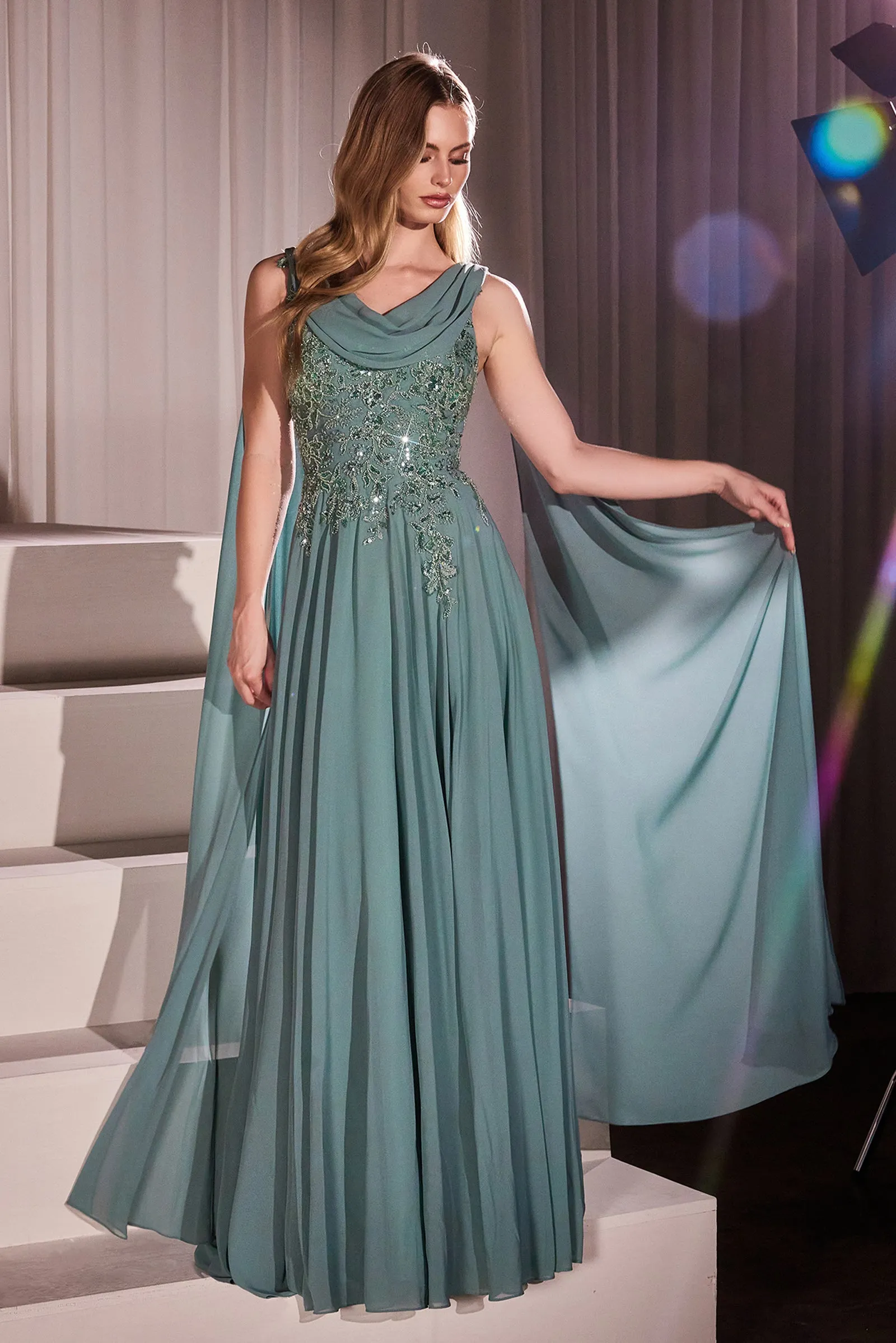 CINDERELLA DIVINE CDS509 Chiffon A-Line Gown & Long Cape Sleeves sold by The Gown Galleria product image thumbnail 5