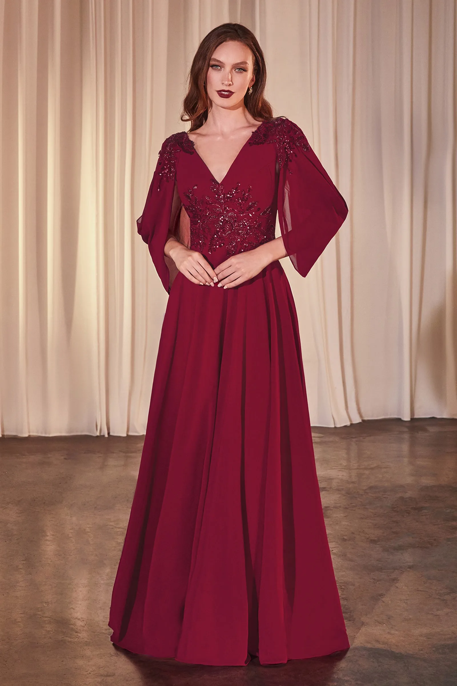CINDERELLA DIVINE CDS508 A-Liine Chiffon Modest Gown sold by The Gown Galleria