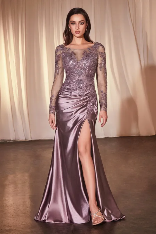 CINDERELLA DIVINE CDS505 Lace Long Sleeve Satin Fitted Gown sold by The Gown Galleria