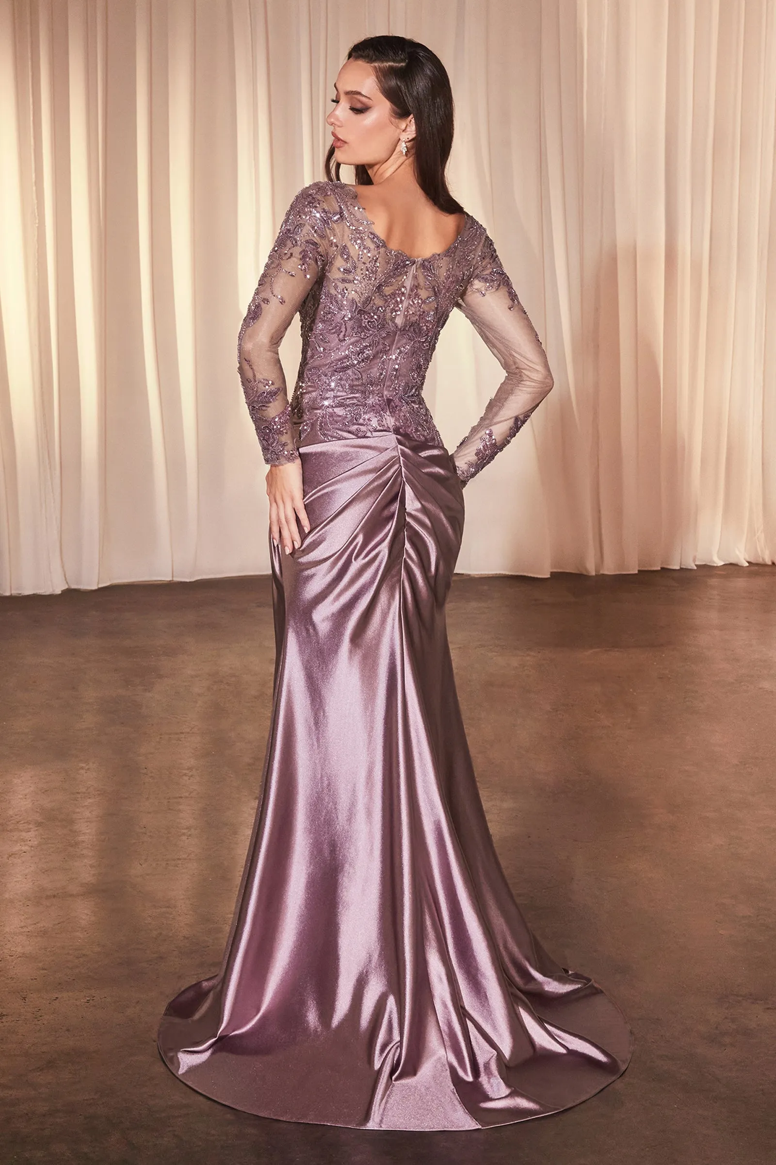 CINDERELLA DIVINE CDS505 Lace Long Sleeve Satin Fitted Gown sold by The Gown Galleria product image thumbnail 2