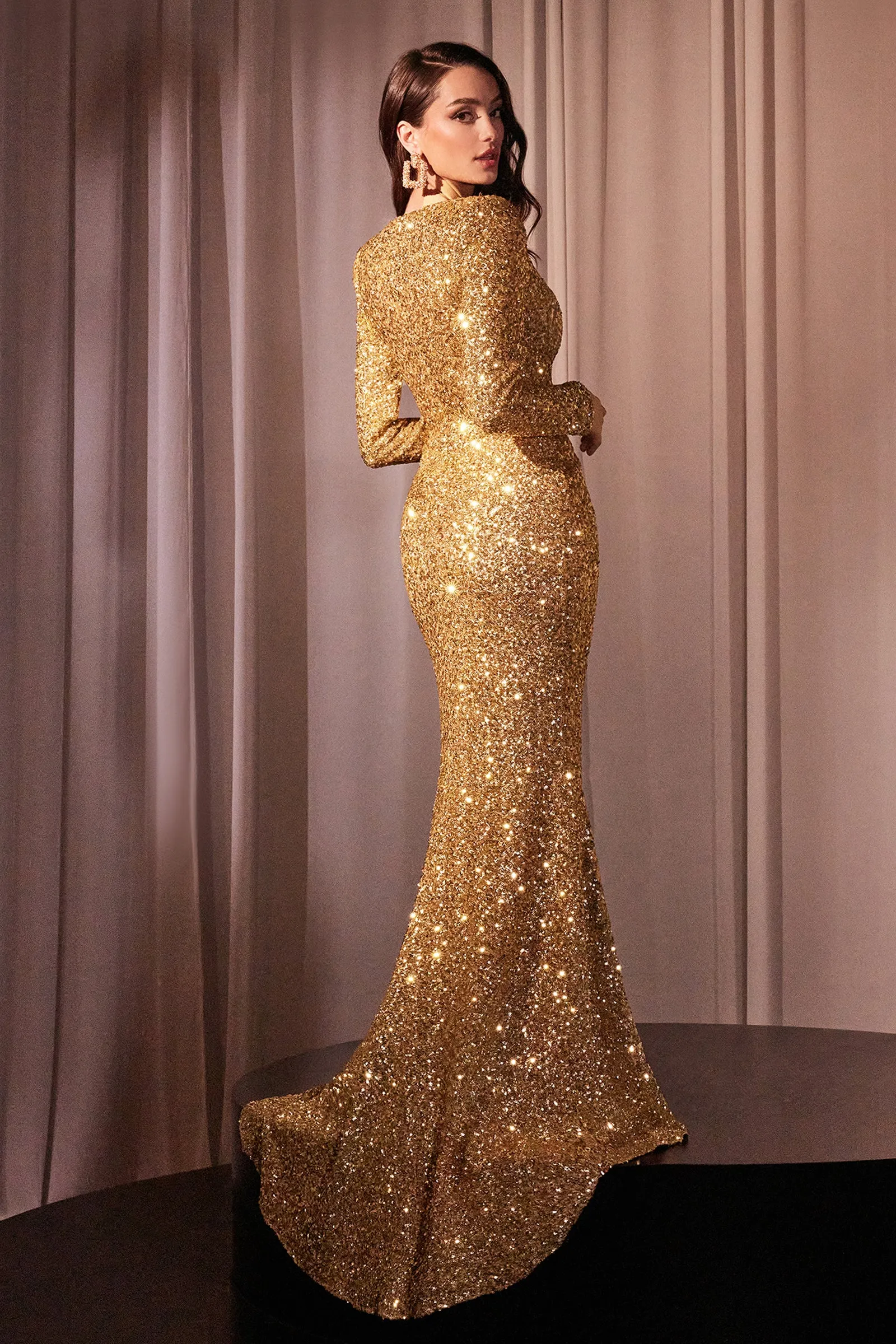 CINDERELLA DIVINE CH054 Long Sleeve Sequin Fitted Dress sold by The Gown Galleria product image thumbnail 2