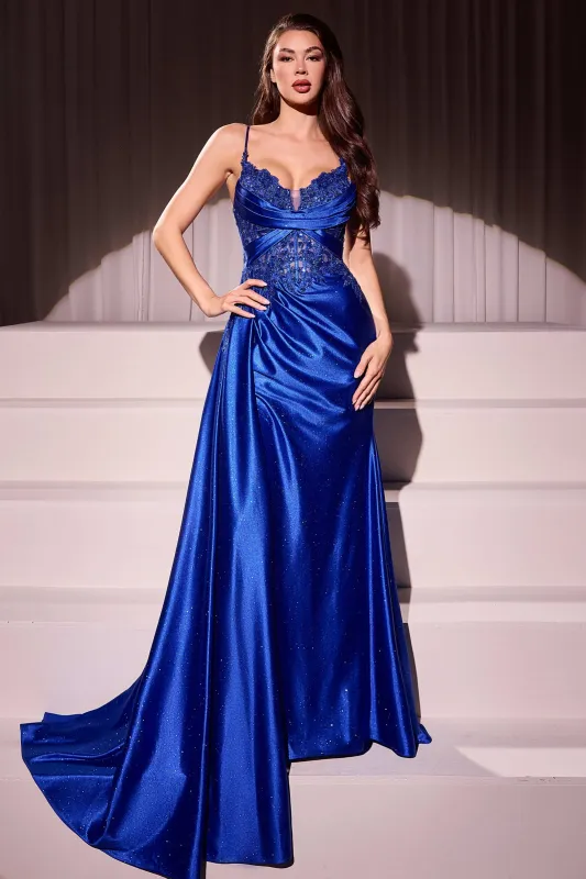 CINDERELLA DIVINE CDS524 Fitted Satin & Lace Evening Gown sold by The Gown Galleria