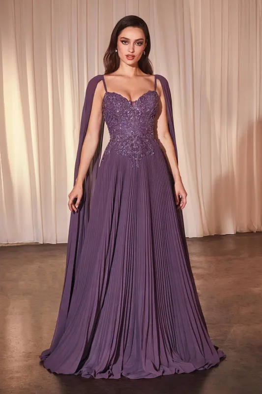 CINDERELLA DIVINE CJ937 Pleated A-Line Gown With Cape Sleeves sold by The Gown Galleria