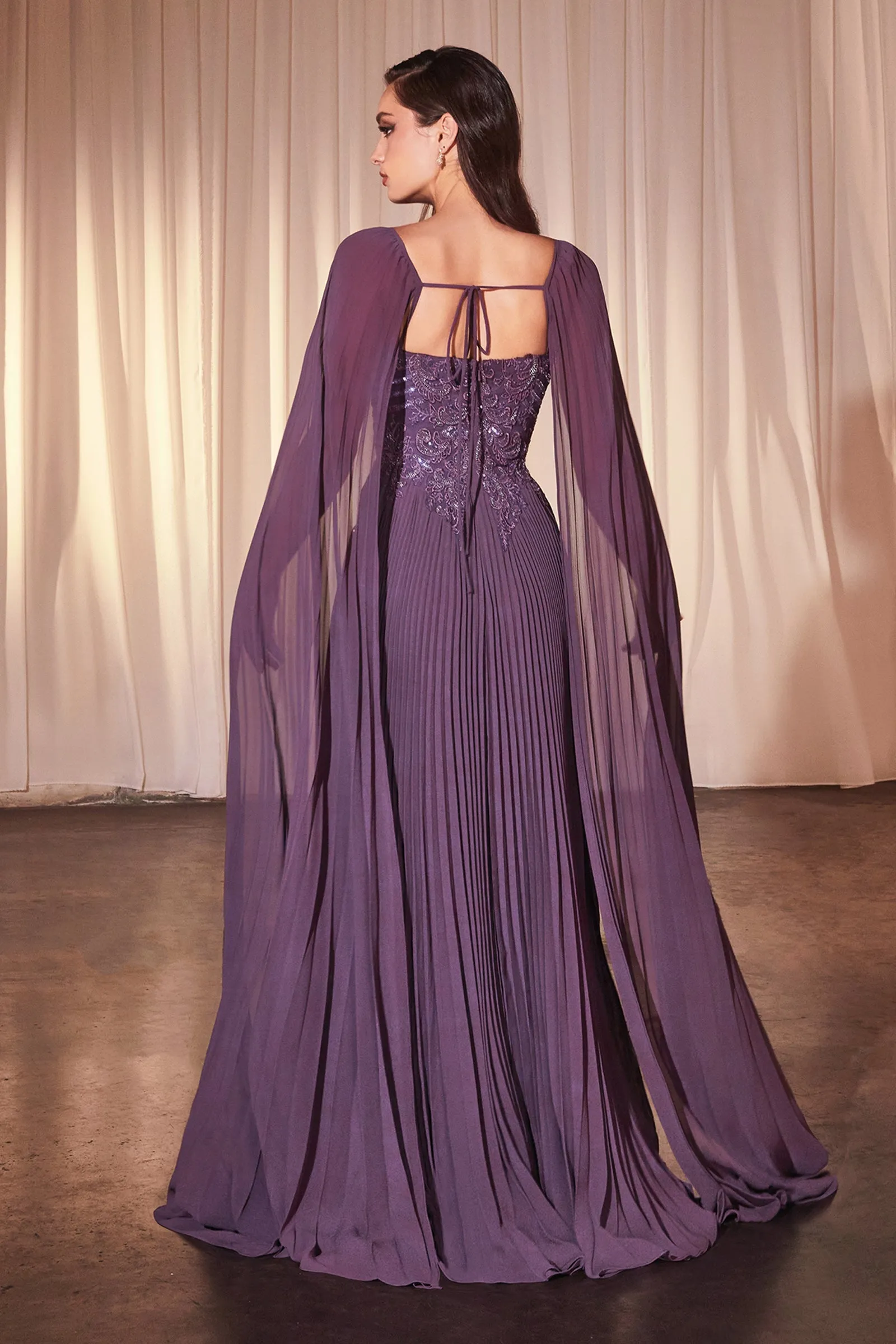 CINDERELLA DIVINE CJ937 Pleated A-Line Gown With Cape Sleeves sold by The Gown Galleria product image thumbnail 2