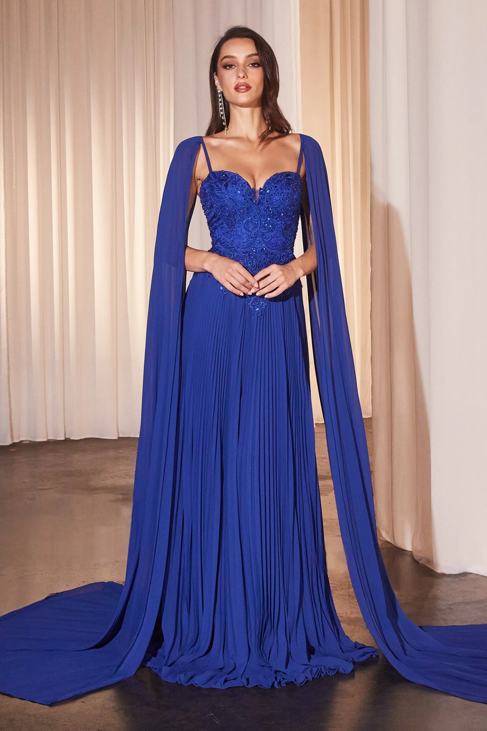 CINDERELLA DIVINE CJ937 Pleated A-Line Gown With Cape Sleeves sold by The Gown Galleria product image thumbnail 4