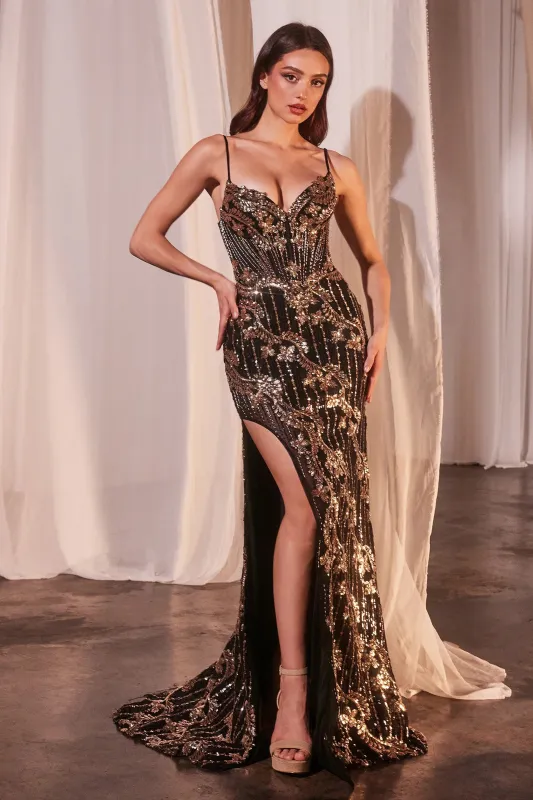 CINDERELLA DIVINE CM358 Fitted Black & Gold Glitter Gown sold by The Gown Galleria