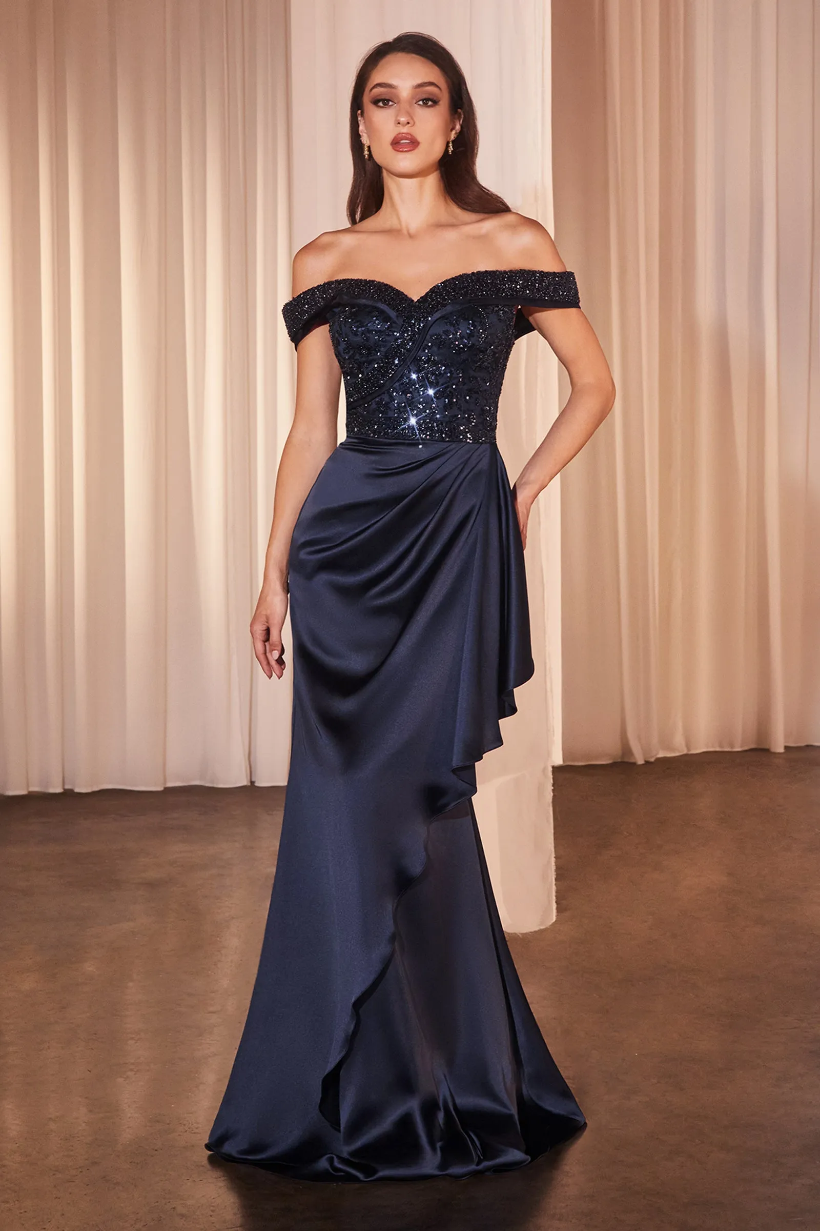 CINDERELLA DIVINE CR877 Off The Shoulder Satin & Beaded Gown sold by The Gown Galleria