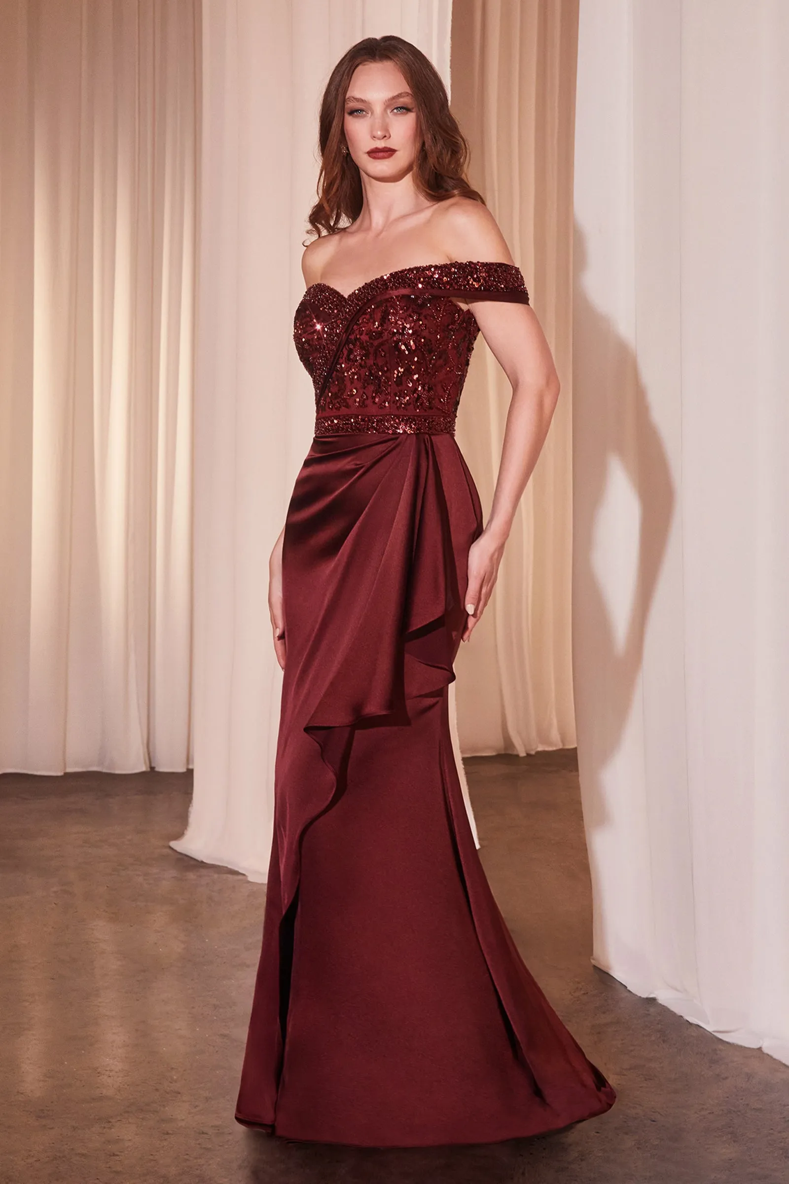 CINDERELLA DIVINE CR877 Off The Shoulder Satin & Beaded Gown sold by The Gown Galleria product image thumbnail 3
