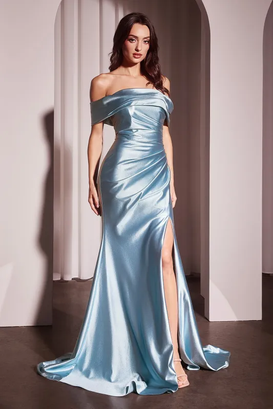 CINDERELLA DIVINE J877 Glistening Satin Off The Shoulder Gown sold by The Gown Galleria