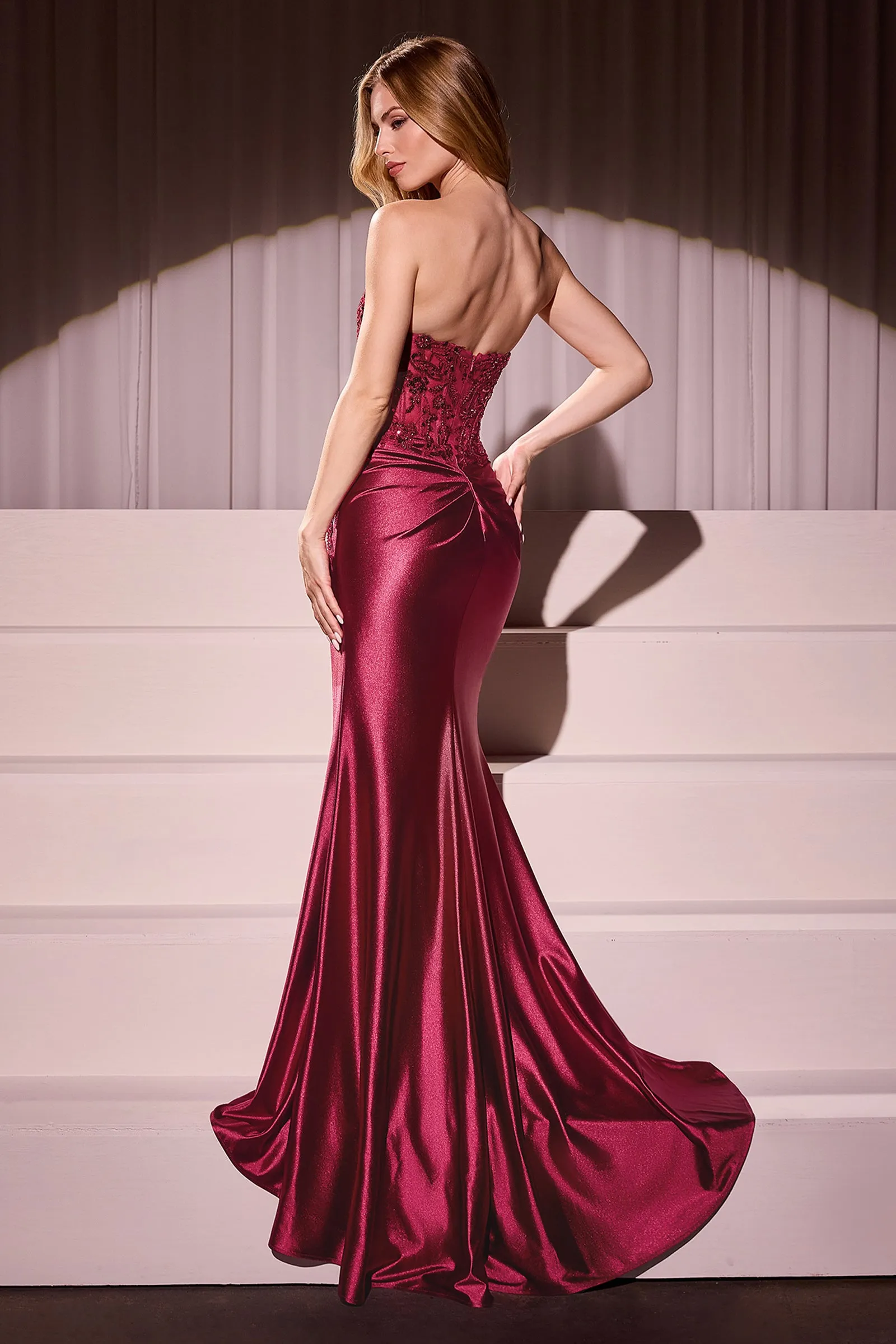 CINDERELLA DIVINE KV1112 Satin & Lace Strapless Fitted Gown sold by The Gown Galleria product image thumbnail 2
