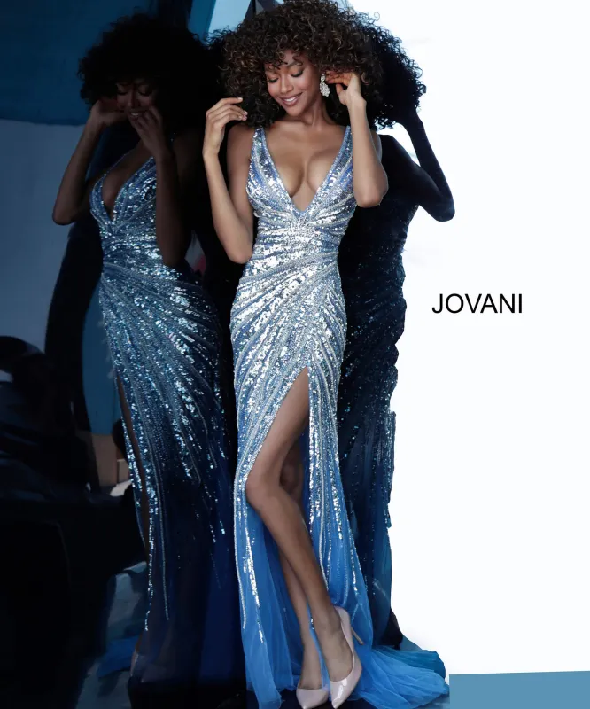 Jovani 3686 Sleeveless Linear Beaded High Slit Dress sold by The Gown Galleria