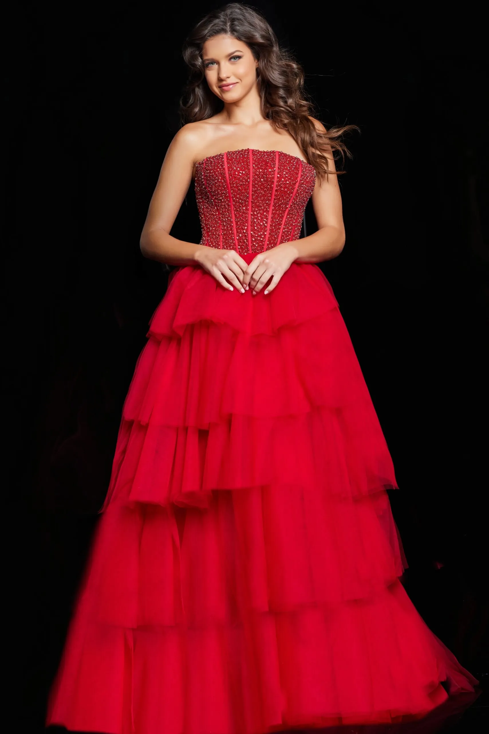 Jovani 37210 Straight Across Ruffled Ballgown sold by The Gown Galleria