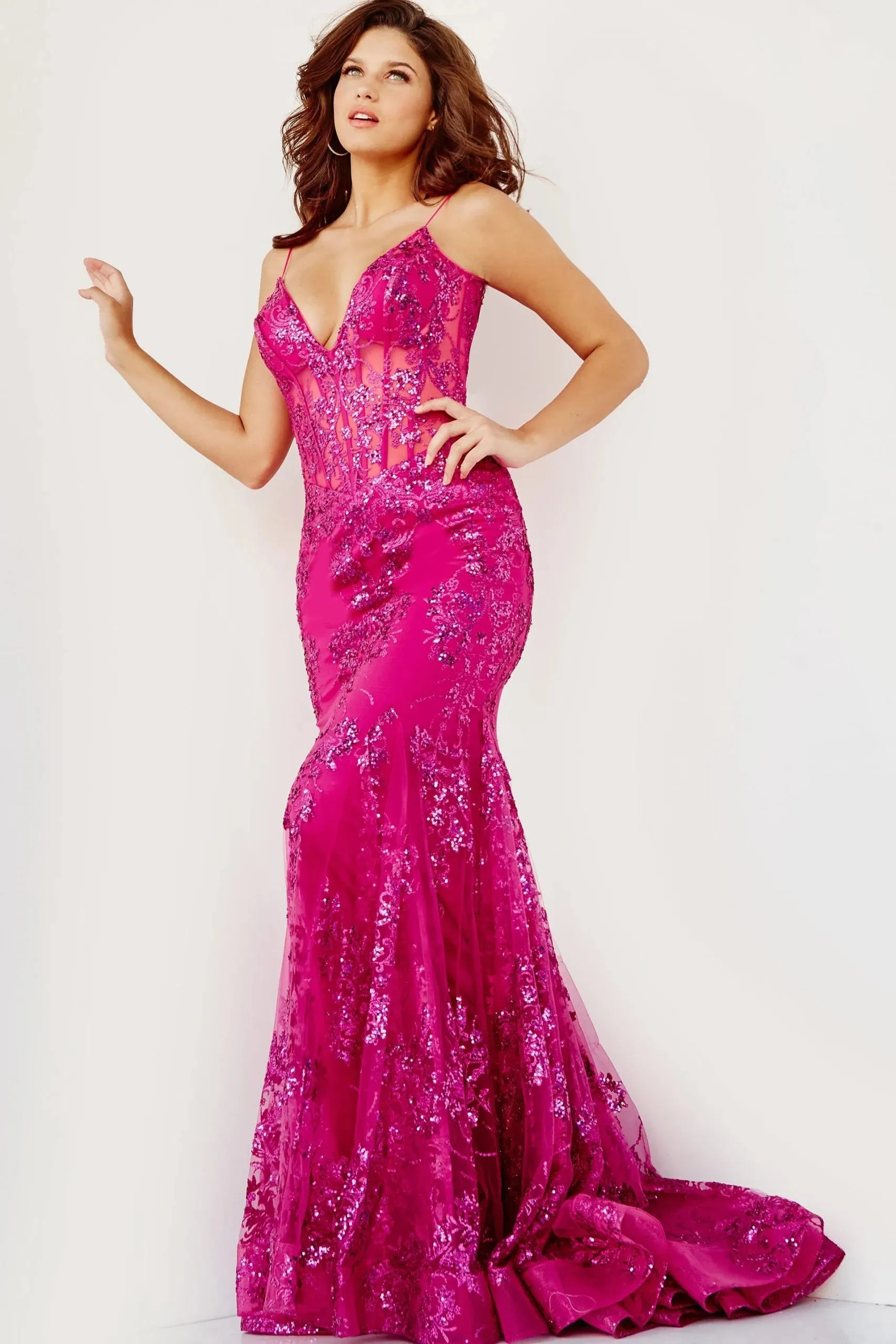 Jovani 3675 Sequined Spaghetti Straps Illusion Corset Gown sold by The Gown Galleria