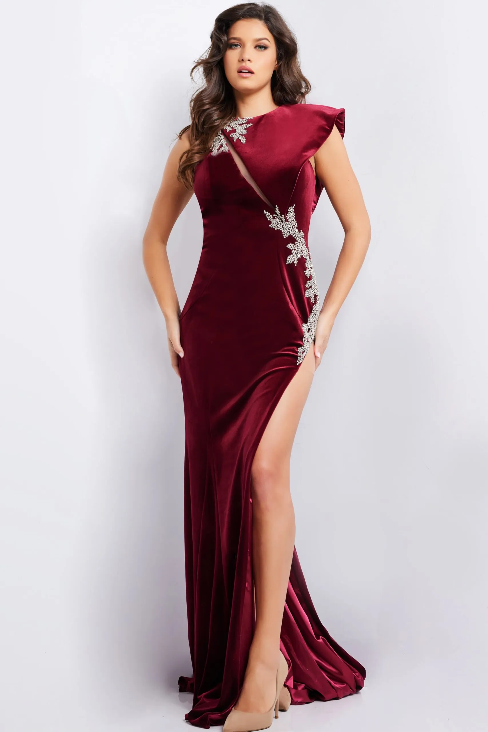Jovani 37341 Cap Sleeve Velvet Prom Gown sold by The Gown Galleria
