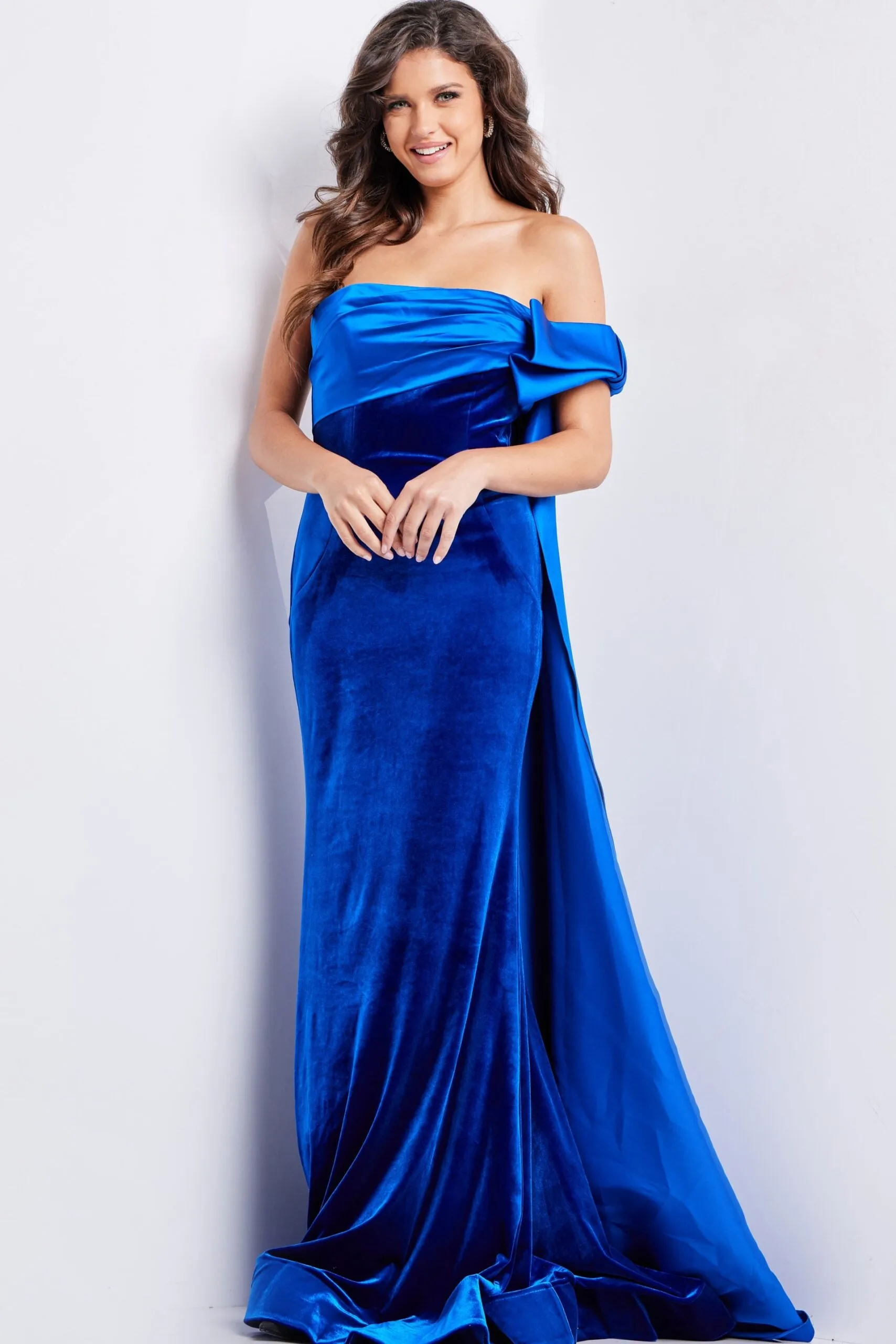 Jovani 37390 Cascade Velvet Evening Gown sold by The Gown Galleria