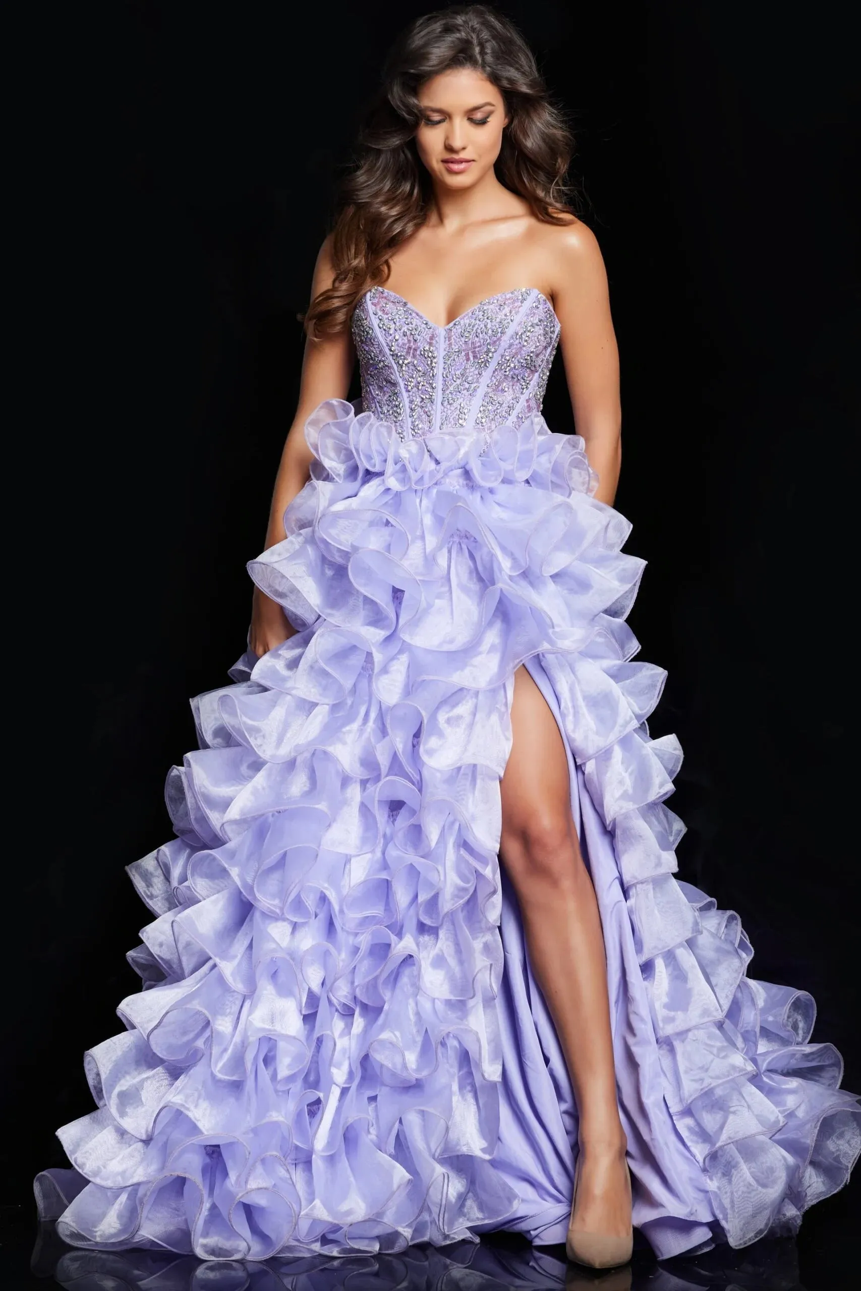 Jovani 37322 Ruffled Ballgown with Slit sold by The Gown Galleria