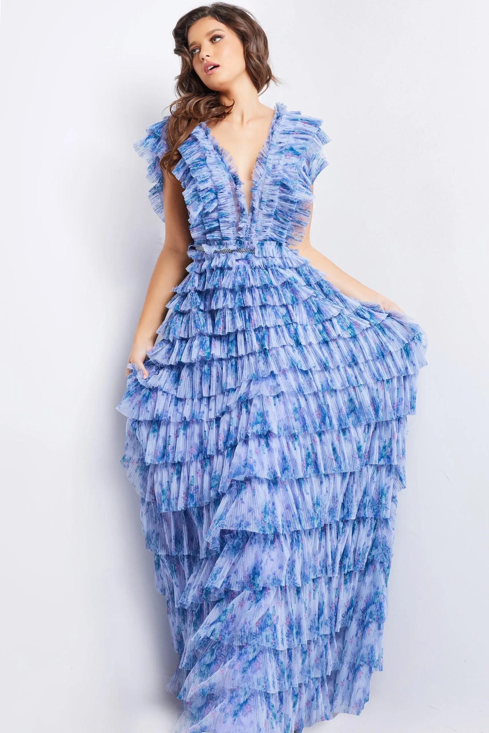 Jovani 39143 Sheer V-Neck Tiered Long Dress sold by The Gown Galleria product image thumbnail 4