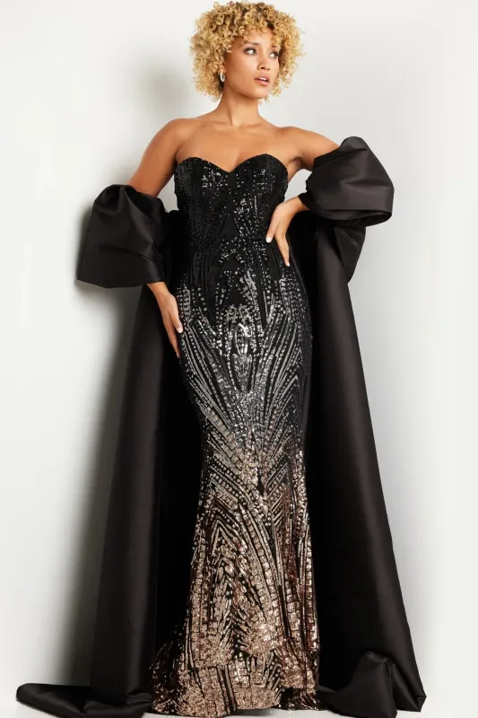 Jovani 38746 Satin Cape Beaded Long Gown sold by The Gown Galleria