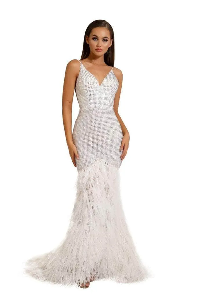 PORTIA & SCARLETT PS6826 V-Neck Feather Embellished Dress with Open Back sold by The Gown Galleria