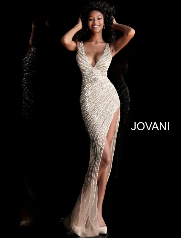Jovani 63405 Asymmetrical Beadwork High Slit Prom Gown sold by The Gown Galleria