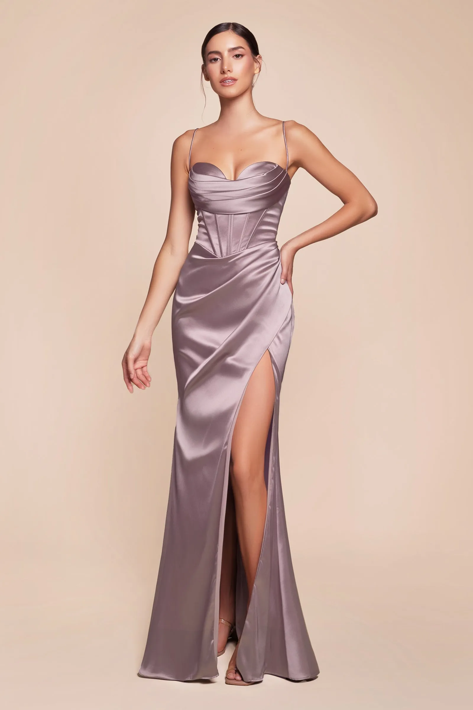 CINDERELLA DIVINE 7483 Cowl Draped Corset Satin Fitted Dress sold by The Gown Galleria product image thumbnail 3