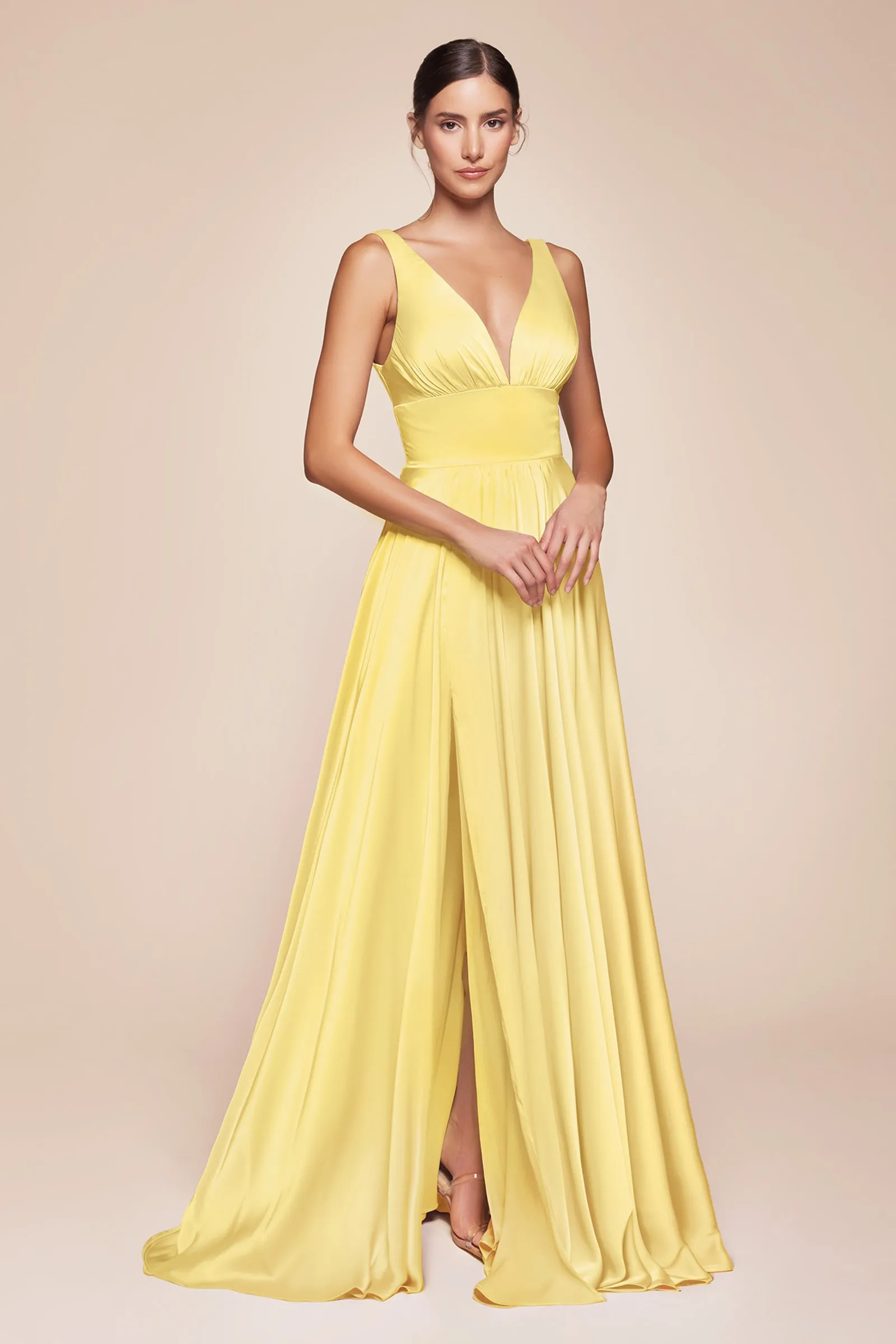 CINDERELLA DIVINE 7469 Satin V-Neck with Slit Dress sold by The Gown Galleria product image thumbnail 4