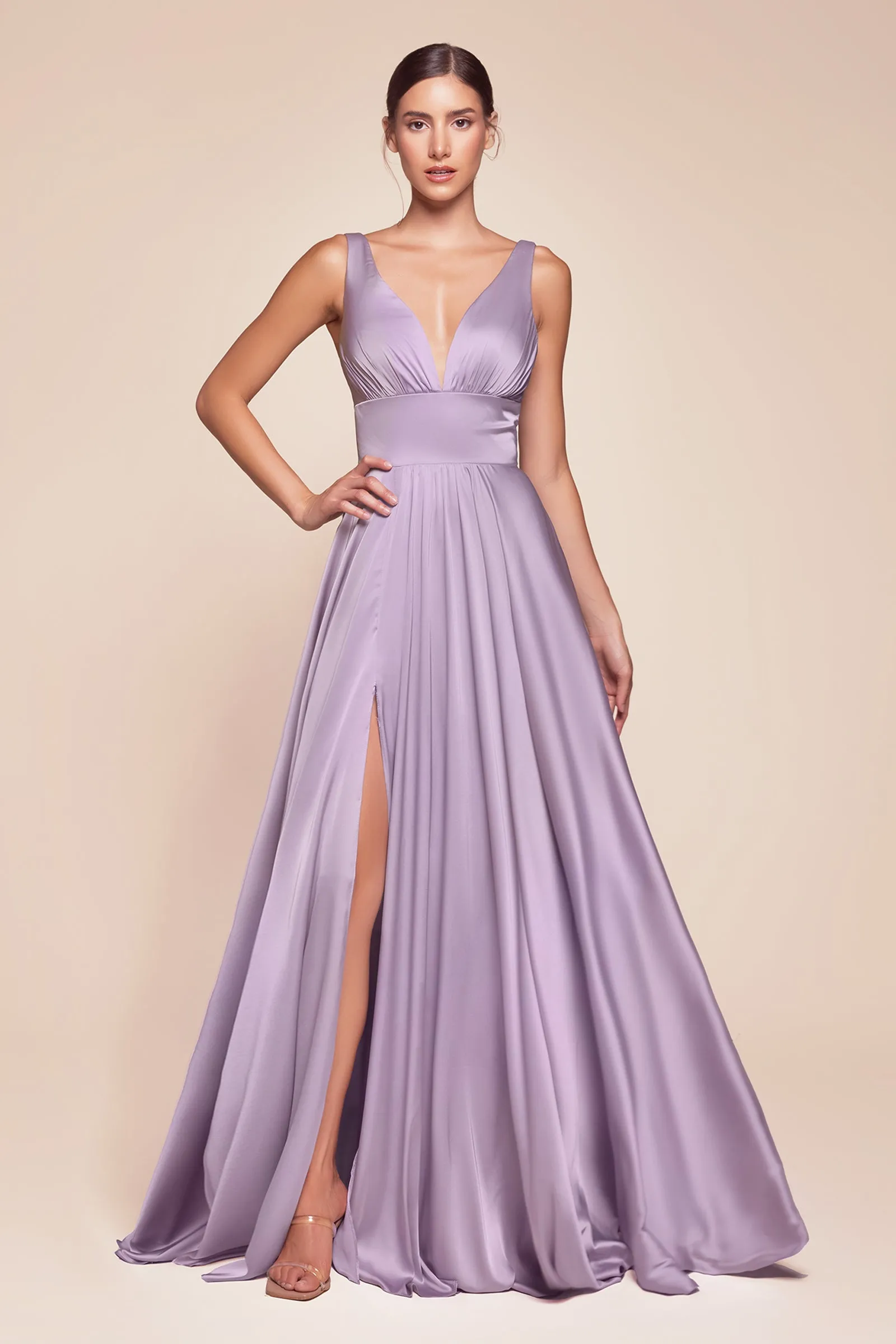 CINDERELLA DIVINE 7469 Satin V-Neck with Slit Dress sold by The Gown Galleria