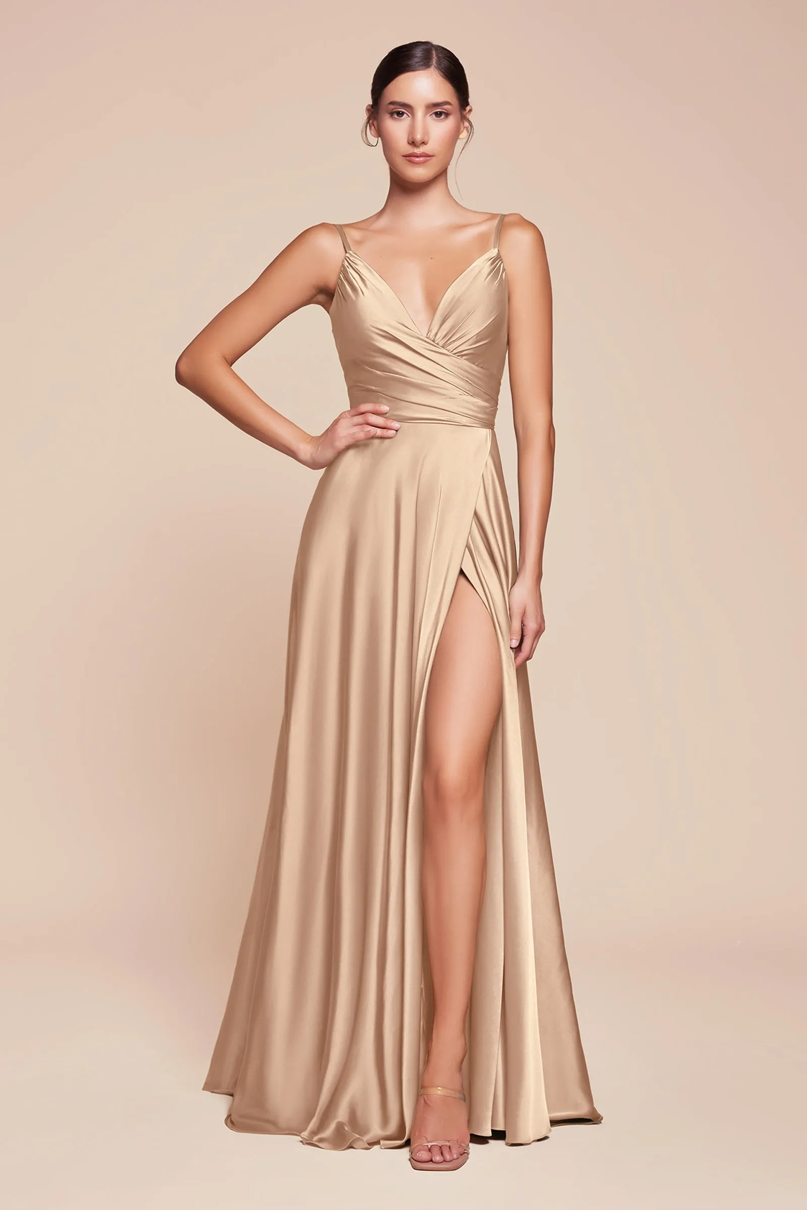 CINDERELLA DIVINE 7485C Plus Size V Neck Satin A-Line Dress sold by The Gown Galleria product image thumbnail 3