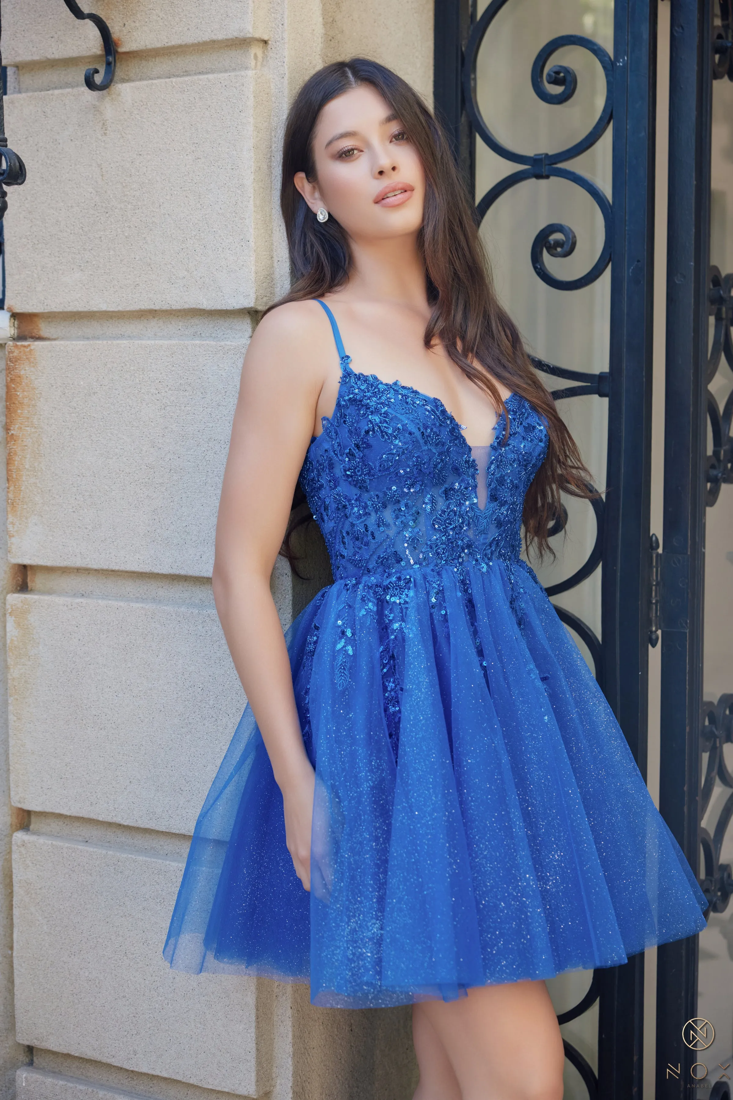 Nox Anabel E902 V-Neck Giltter Tulle Short Dress sold by The Gown Galleria product image thumbnail 3