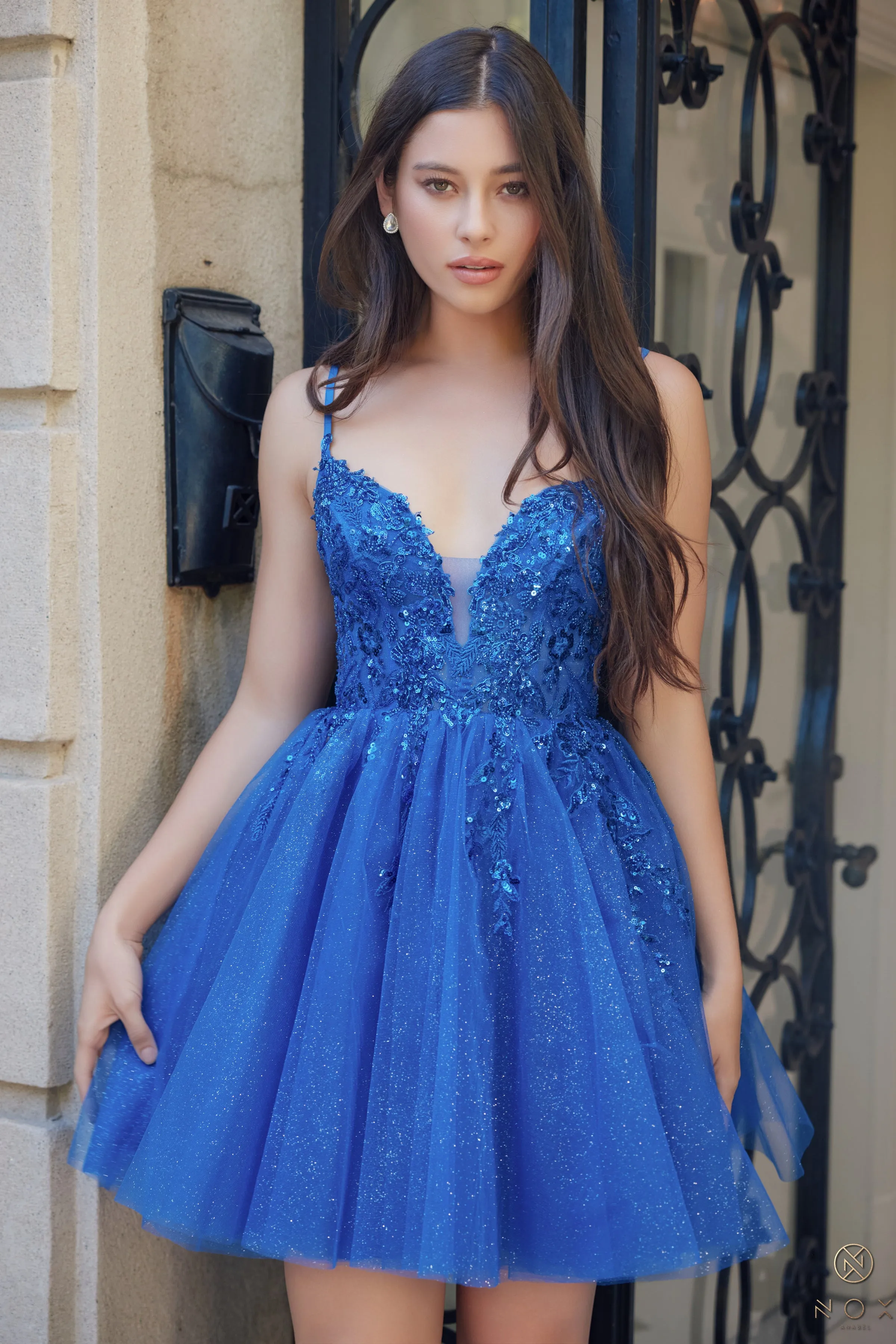 Nox Anabel E902 V-Neck Giltter Tulle Short Dress sold by The Gown Galleria product image thumbnail 2