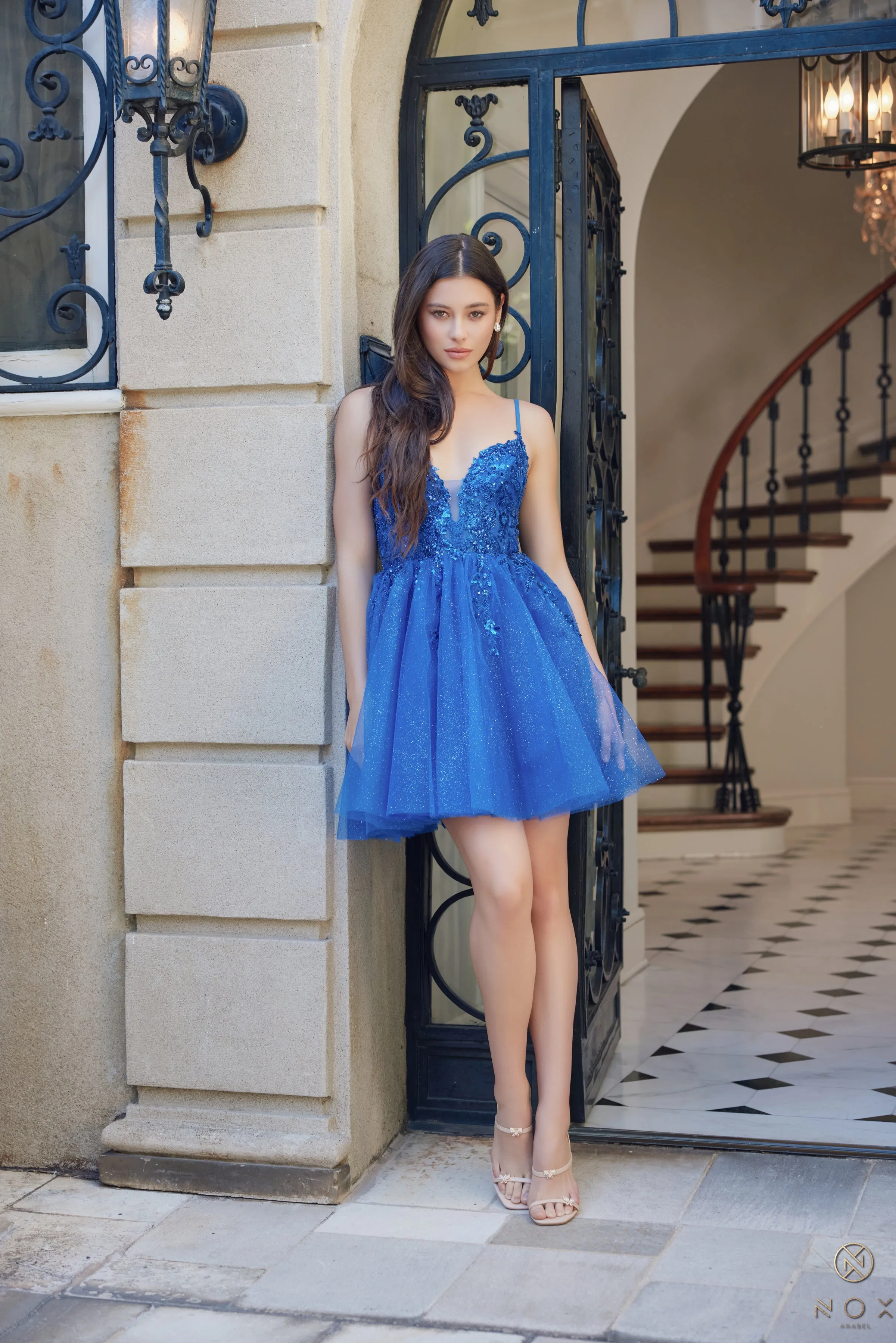 Nox Anabel E902 V-Neck Giltter Tulle Short Dress sold by The Gown Galleria product image thumbnail 5