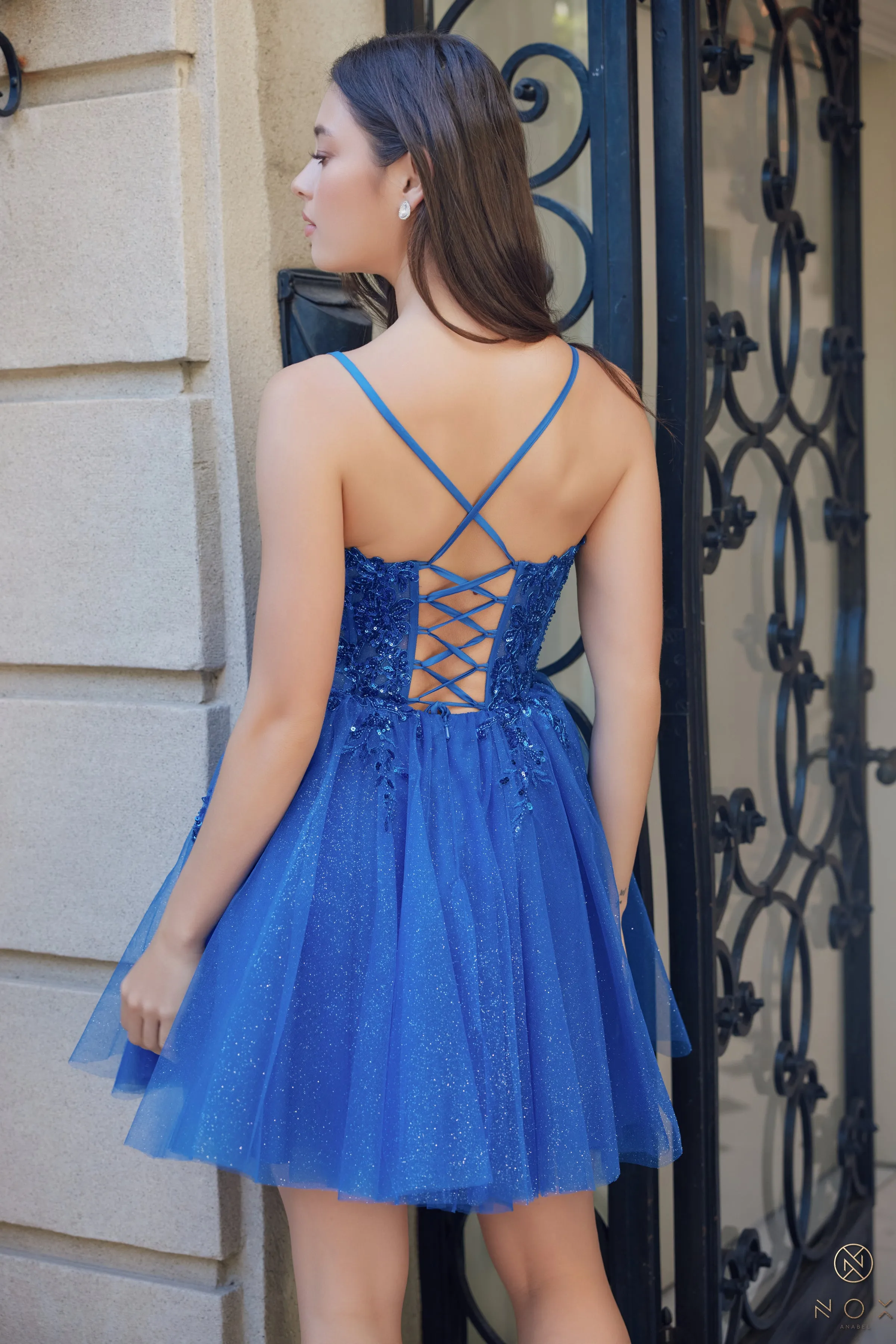 Nox Anabel E902 V-Neck Giltter Tulle Short Dress sold by The Gown Galleria product image thumbnail 4