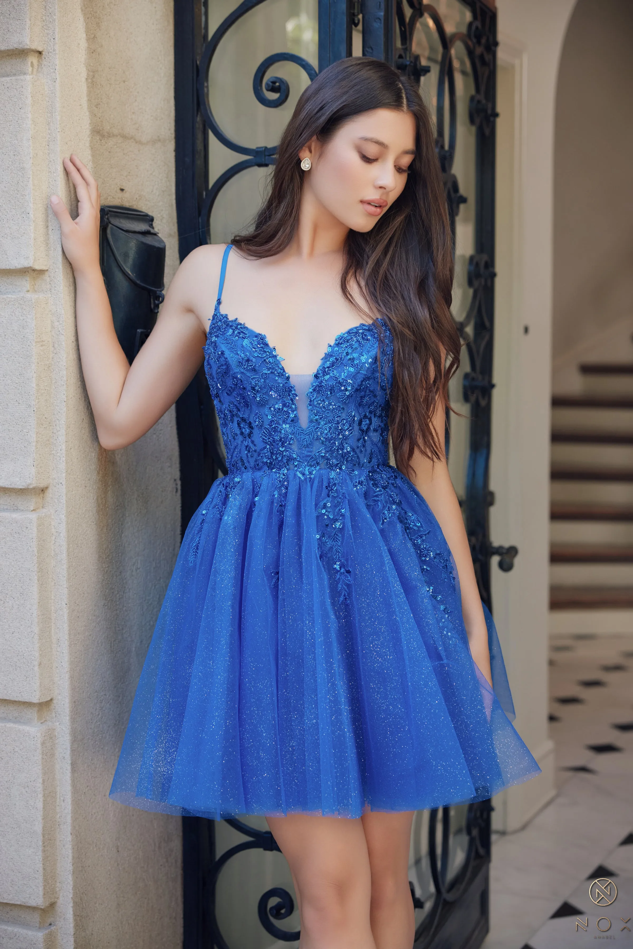 Nox Anabel E902 V-Neck Giltter Tulle Short Dress sold by The Gown Galleria