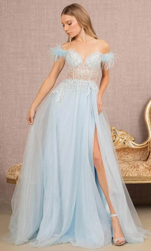 GLS BY GLORIA GL3135 Feathered Off-Shoulder Ballgown sold by The Gown Galleria