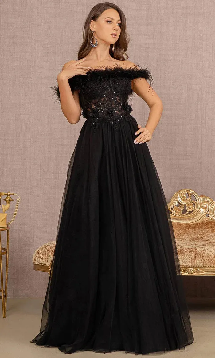 GLS BY GLORIA GL3138 Feathered Off-Shoulder Evening Dress sold by The Gown Galleria