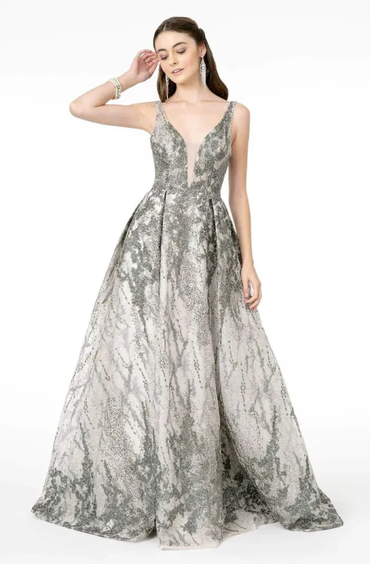 GLS BY GLORIA GL1835 Embellished Deep V-Neck Pleated A-Line Dress made by The Gown Galleria