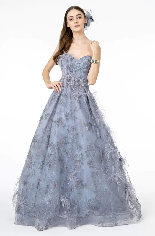 GLS BY GLORIA GL1834 Feather Embellished Strapless Ballgown sold by The Gown Galleria