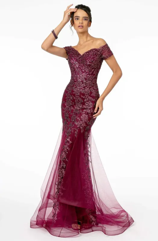 GLS BY GLORIA GL1823 Glitter Mesh Cutout Back Mermaid Gown sold by The Gown Galleria