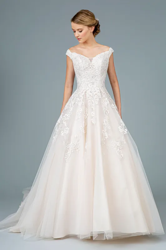 GLS BY GLORIA GL1800 Embroidered Off-Shoulder A-line Gown made by The Gown Galleria