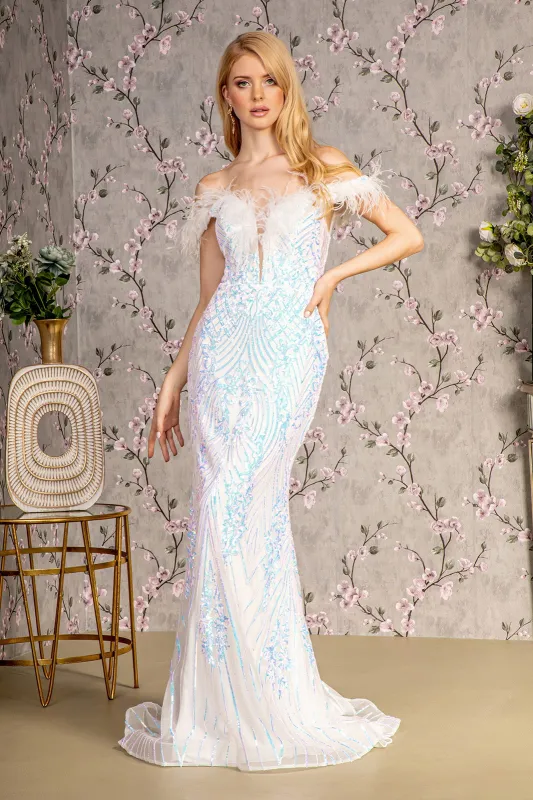 GLS BY GLORIA GL3284 Feather Embellished Off-Shoulder Prom Gown sold by The Gown Galleria