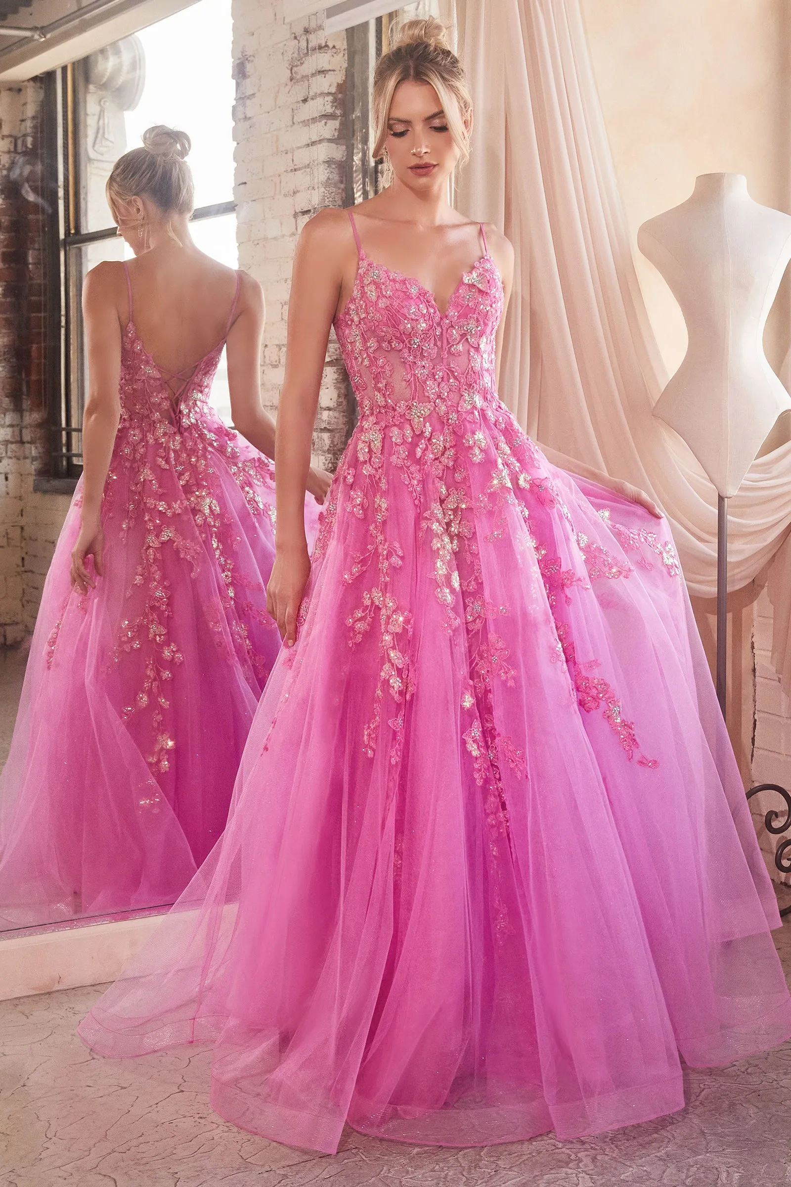 CINDERELLA DIVINE CM347 A-Line Floral Appliqued Tulle Gown with Corset sold by The Gown Galleria