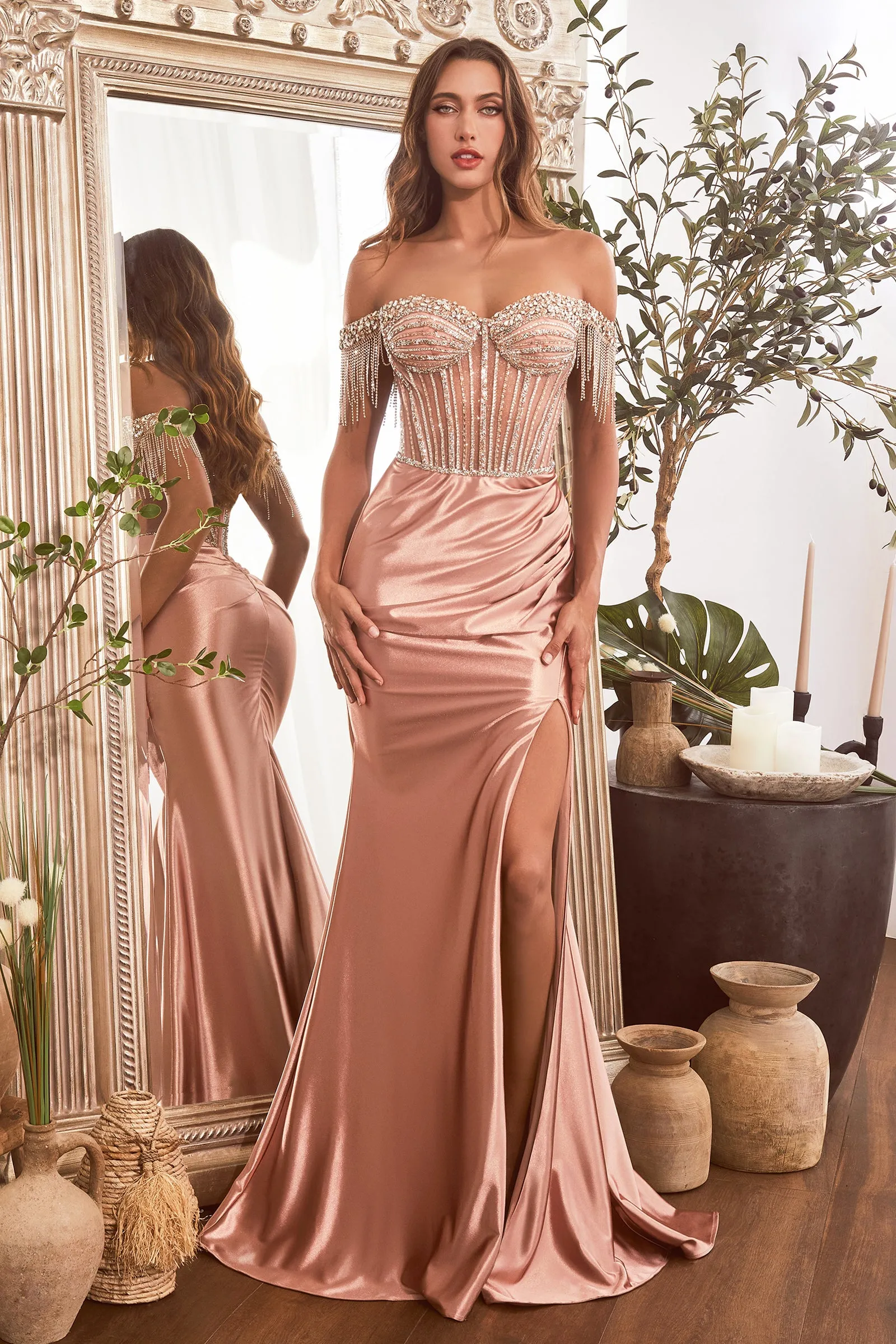 CINDERELLA DIVINE CD821 Off-Shoulder Beaded Shoulder Gown with Slit sold by The Gown Galleria product image thumbnail 4