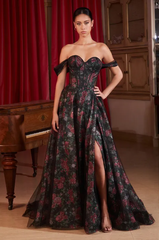 CINDERELLA DIVINE CD806 Off-Shoulder Floral Print Gown with Corset sold by The Gown Galleria