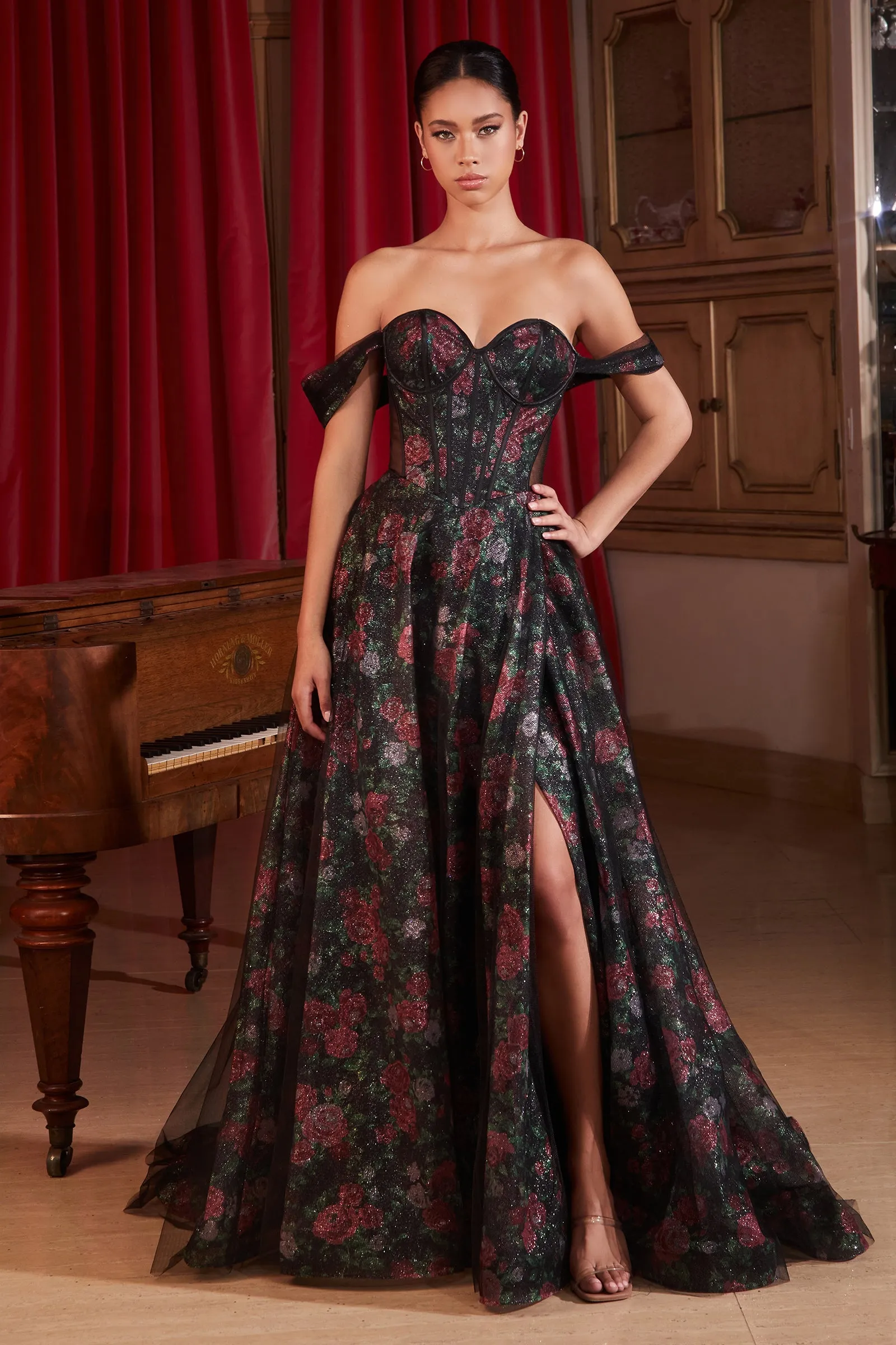 CINDERELLA DIVINE CD806 Off-Shoulder Floral Print Gown with Corset sold by The Gown Galleria