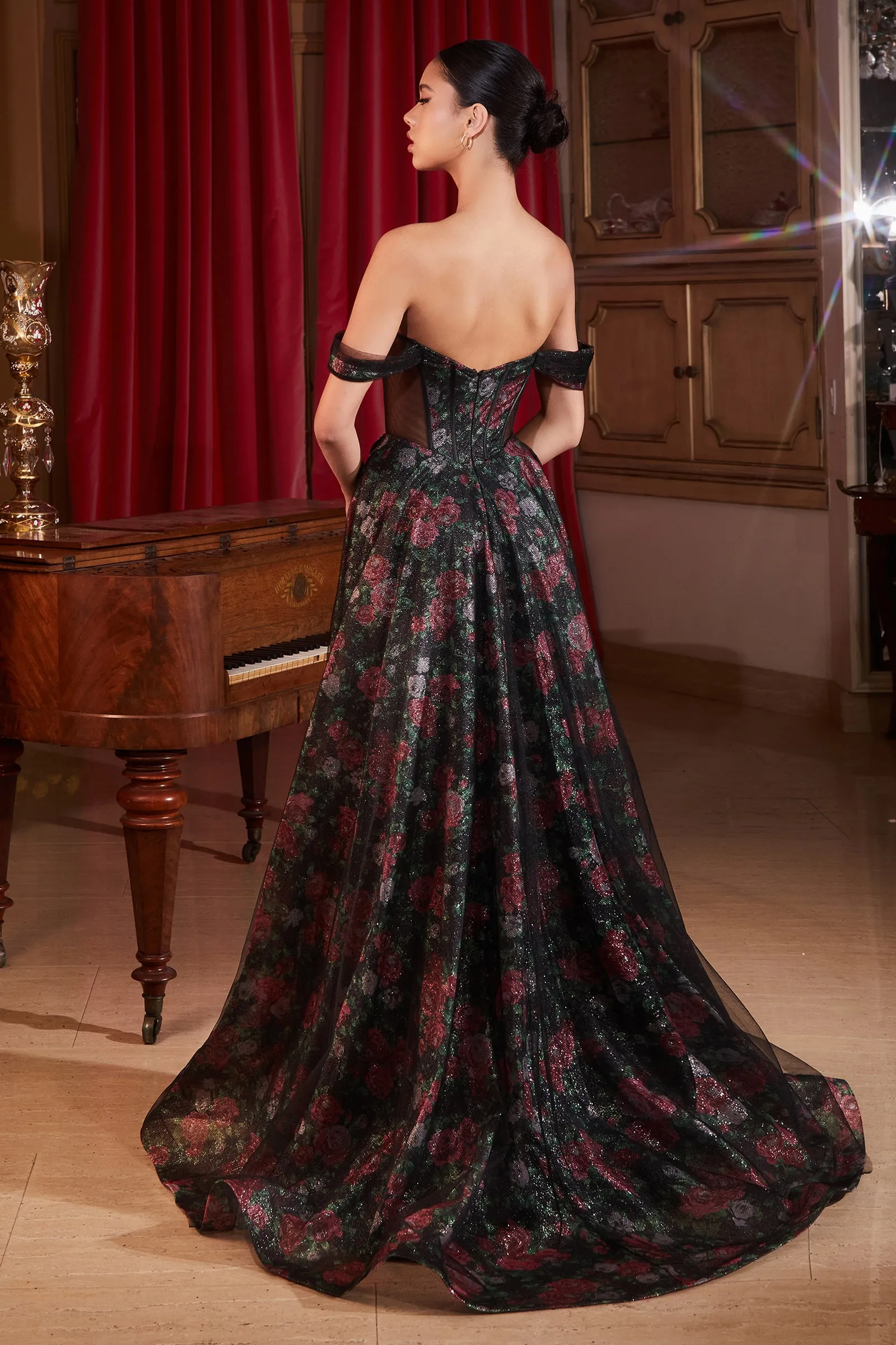 CINDERELLA DIVINE CD806 Off-Shoulder Floral Print Gown with Corset sold by The Gown Galleria product image thumbnail 2