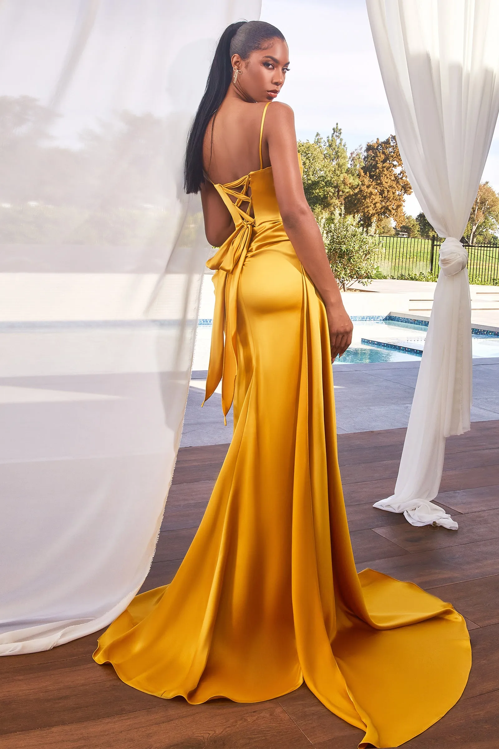 CINDERELLA DIVINE CD340 Fitted Pleated Satin Gown with Slit sold by The Gown Galleria product image thumbnail 2